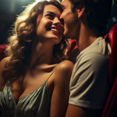 Close up stock photo of A couple sharing a romantic moment in a vintage movie theater, with the glow of the screen illuminating their faces, in the style of photorealistic, realistic, 35mm f 1,8 --ar 2:3 --stylize 750 --v 5.2